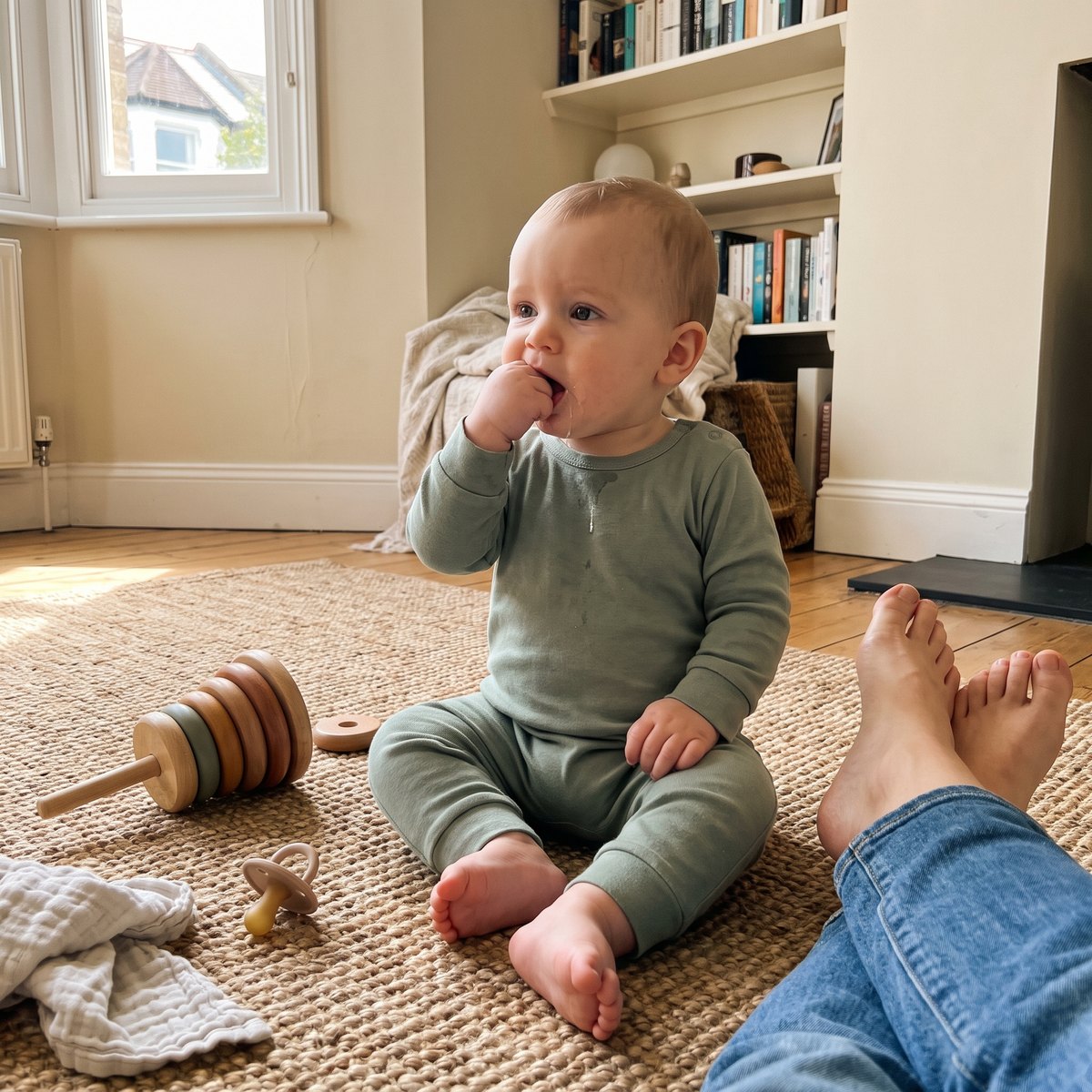 A baby sitting on a rug chewing their fist, a dropped dummy and wooden rings beside them