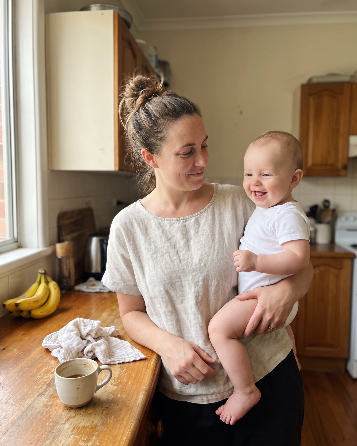 A mother holding her laughing baby on her hip in a sunny kitchen