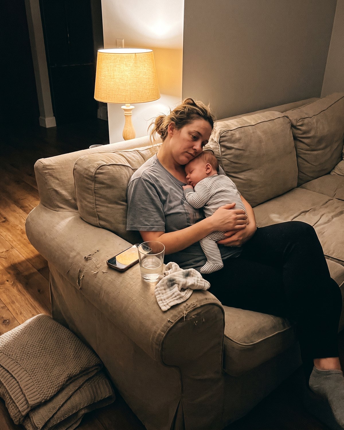 A mother on the couch at night holding her sleeping baby under a single lamp