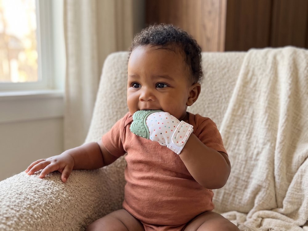 A 7-month-old in a rust onesie on a boucle armchair, chewing the sage mitten.