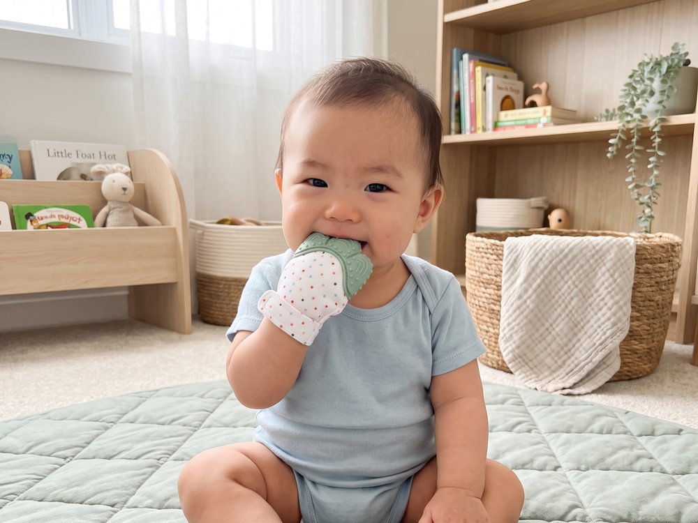 A baby in a blue onesie sitting on a sage play mat, mitten on, both feet out.